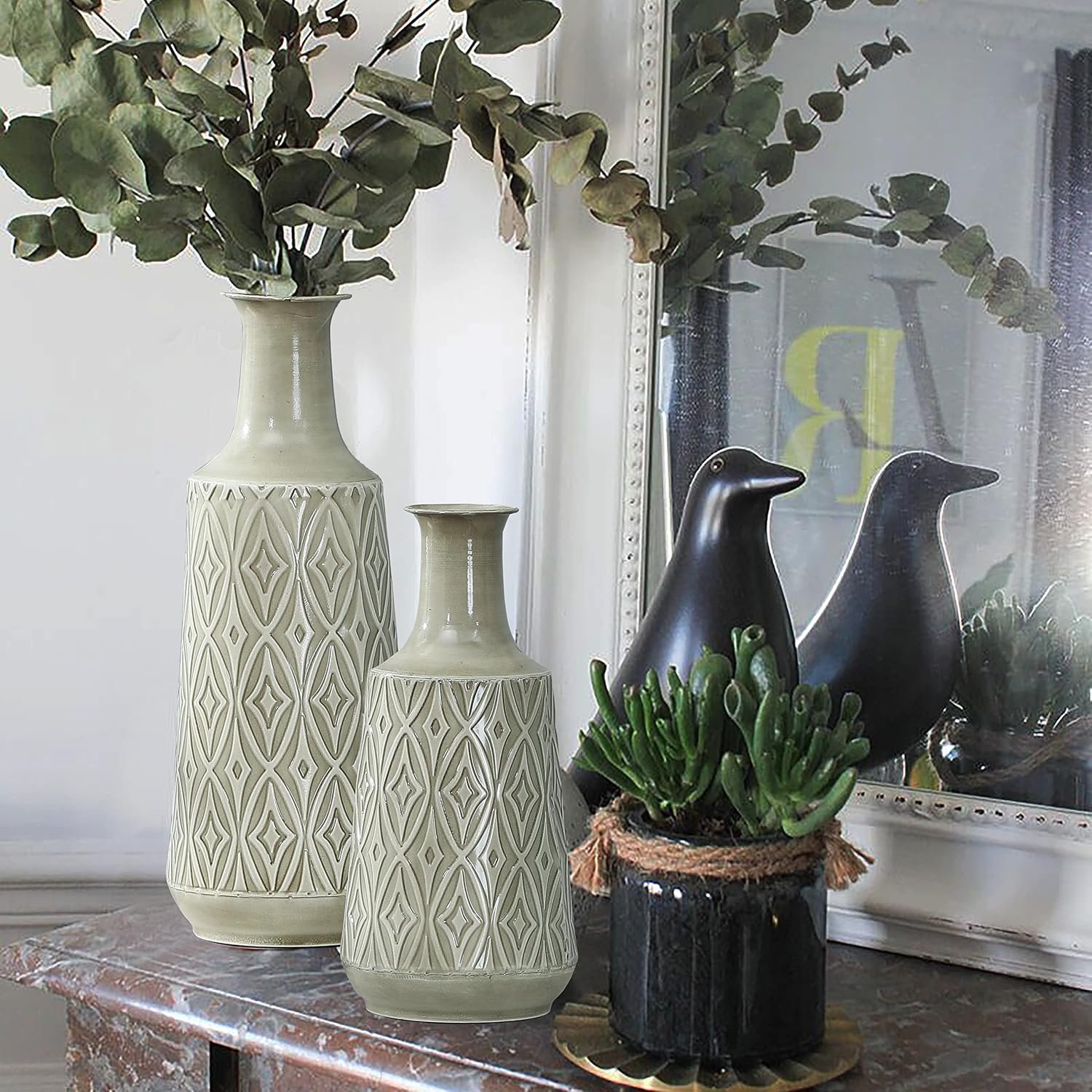 17" Tall Metal Flower Vase, Decorative Set of 2 Large Metal Floor Vase, Elegant Damask Style Vase Set for Living Room Bedroom Centerpiece Decor, Light Gray - Image 2